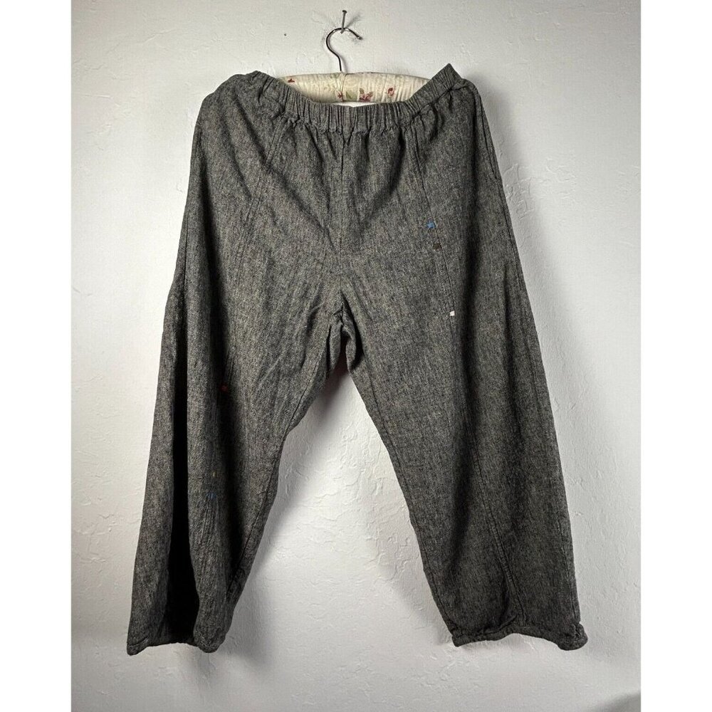 Vivid Pull On Pants Womens Medium Linen Gray Elastic Waist Cropped Wide Leg